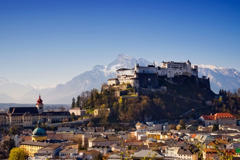 The old town of Salzburg with the Salzburg fortress in the background