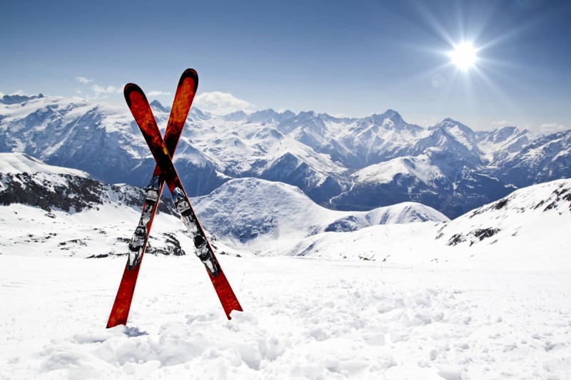 Ski equipment – in the background of the unique mountain landscape in winter